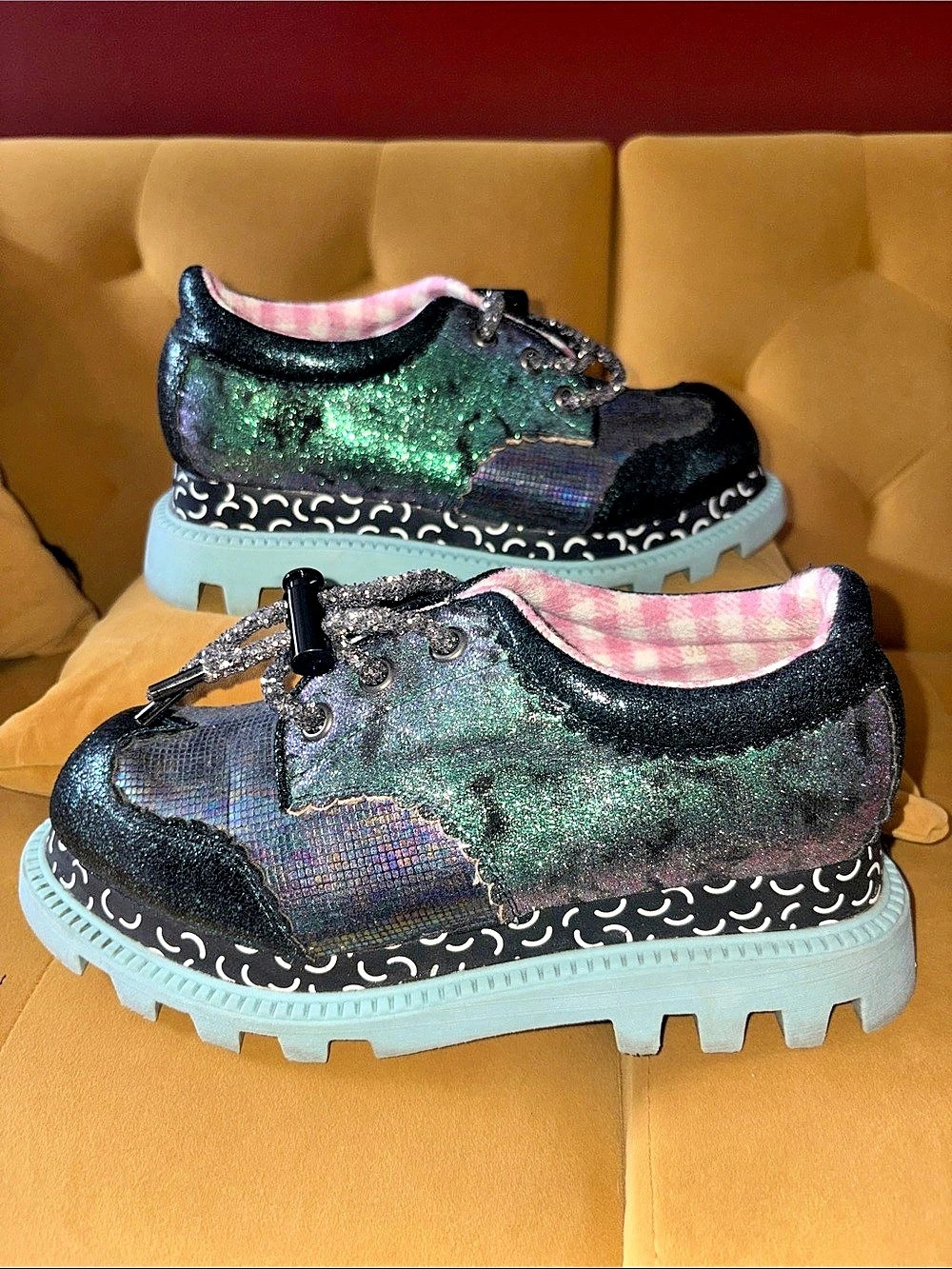 Irregular Choice Glitter Platform Sneakers in Black & turquoise size 9